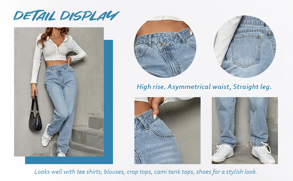 Women''s High Waist Slant Pocket Denim Jeans Ripped Straight Leg Pants