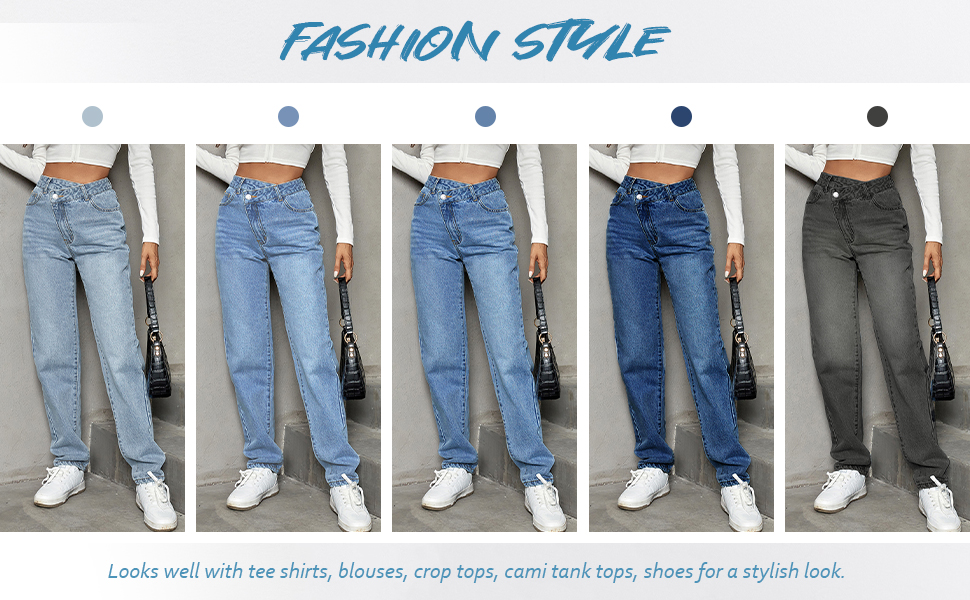 Women''s Ripped Straight Leg Jeans High Waist Distressed Cutout Denim Pants