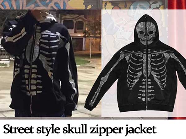 Full Zip Up Hoodie Over Face Rhinestone Streetwear Hoodies Punk Goth Aesthetic Hoodies 