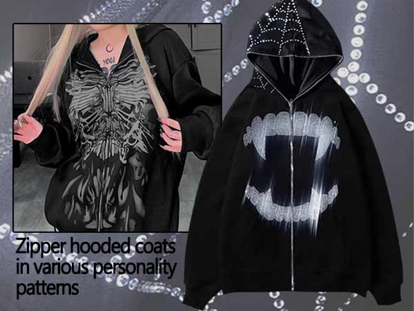 Full Zip Up Hoodie Over Face Rhinestone Streetwear Hoodies Punk Goth Aesthetic Hoodies 