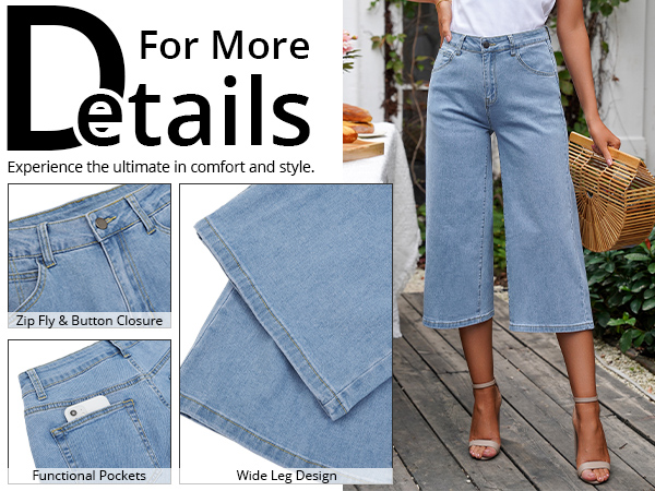 GRAPENT Wide Leg Denim Capris Short Length Jeans Casual Jeans