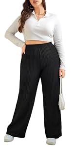  Plus Ribbed Knit Wide Leg Pants High Waisted Elastic Palazzo Long Pants