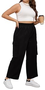 Plus Cargo Pants Elastic High Waisted Wide Leg Casual Pants