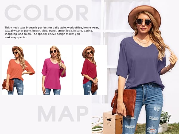 Women''s Casual V Neck Bell Sleeve Shirts Tops Loose Blouses