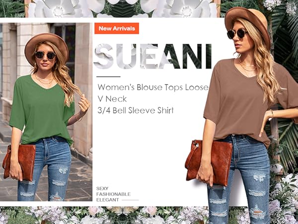 Women''s Blouse Tops Loose V Neck 3/4 Bell Sleeve Shirt