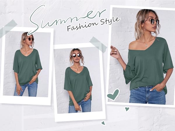 Women''s Summer V-Neck 3/4 Bell Sleeve Loose Shirt Casual Basic Top