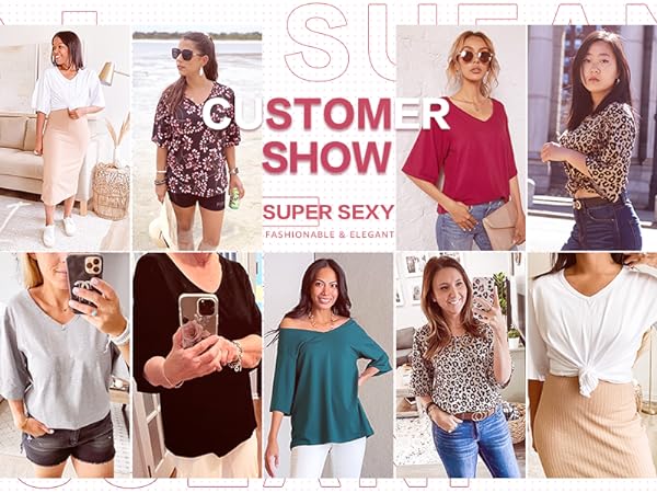 Women''s Casual V Neck Bell Sleeve Shirts Tops Loose Blouses