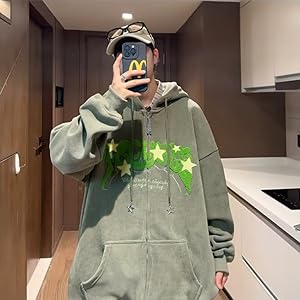 Y2K Zip Up Hoodie for Women Men Letter Print Star Graphic Grunge Hooded Corduroy Sweatshirt Jacket