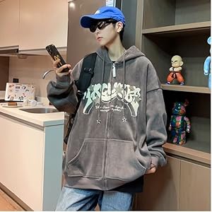 Y2K Zip Up Hoodie for Women Men Letter Print Star Graphic Grunge Hooded Corduroy Sweatshirt Jacket