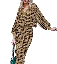 Duigluw Women 2 Piece Skirt Set Winter Houndstooth Pattern Knit Long Sleeve Top Bodycon Midi Dress