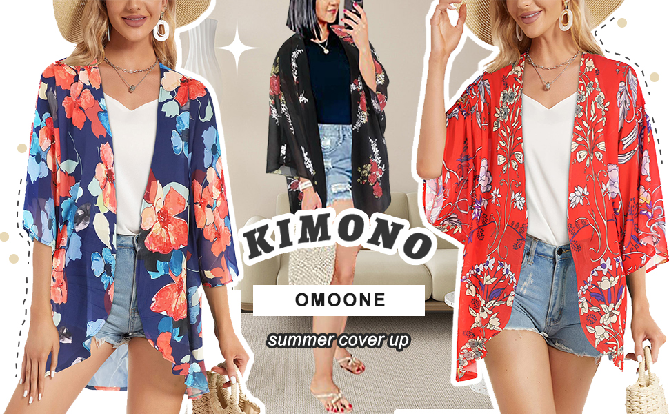 Omoone Women''s Beach Cover Up Floral Print Chiffon Summer Swimwear Kimono Cardigan