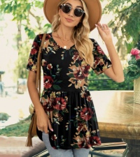 Casual Loose Short Sleeve Flower Blouse Shirt