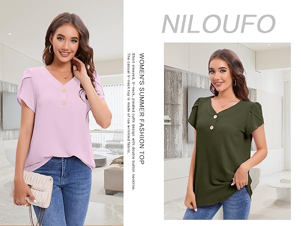 NILOUFO Womens Summer T Shirts Casual Short Sleeve Tops Trendy Blouses V Neck Tunic