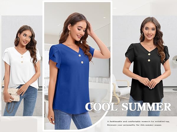 NILOUFO Womens Summer T Shirts Casual Short Sleeve Tops Trendy Blouses V Neck Tunic