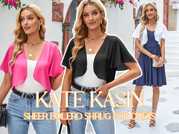 Kate Kasin Women Shrug Sheer Ruffle Short Sleeve Cropped Chiffon Bolero for Dress