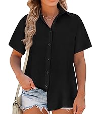 Womens Plus Size Tops Button Down Roll-Up Cuffed Short Sleeve Casual Shirts Collared Summer Blouse