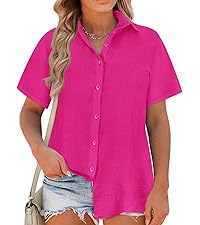 Womens Plus Size Tops Button Down Roll-Up Cuffed Short Sleeve Casual Shirts Collared Summer Blouse