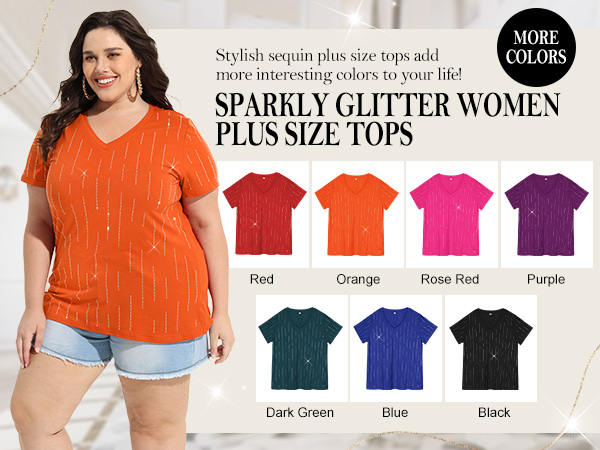 Ritera Plus Size Sparkle Sequin Tops for Women Shimmer Glitter V Neck Blouse Short Sleeve Party