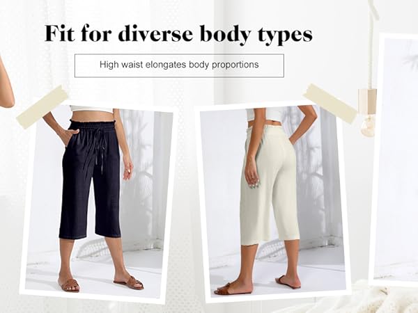 Capri Pants for Women Casual Drawstring Elastic High Waist Linen Pants