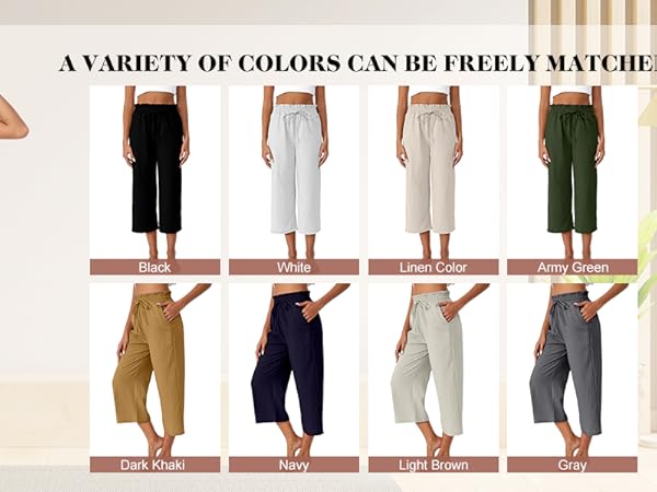 Capri Pants for Women Casual Drawstring Elastic High Waist Linen Pants