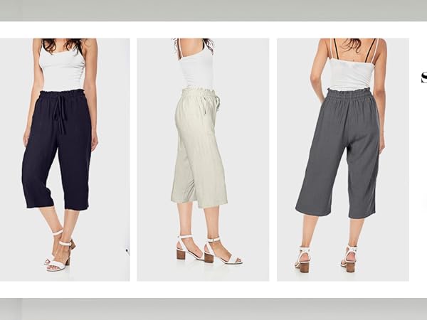 Capri Pants for Women Casual Drawstring Elastic High Waist Linen Pants