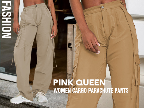 Pink Queen Women High Waisted Parachute Pants Y2k Fashion Baggy Long Cargo Pant Trousers 