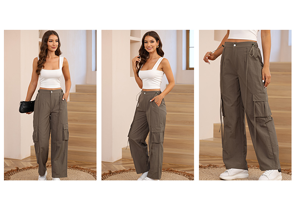 Pink Queen Women High Waisted Wide Leg Cargo Pant Long Trousers Relaxed Fit Y2K Pants