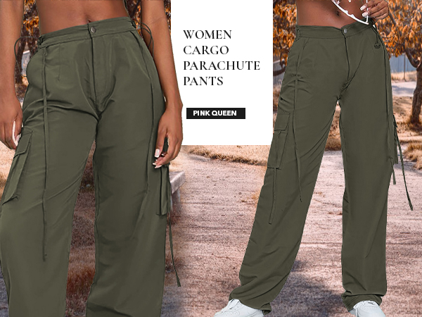  Pink Queen Parachute Pants Women Y2k High Waisted Relaxed Fit Long Wide Leg Cargo Pants Trousers