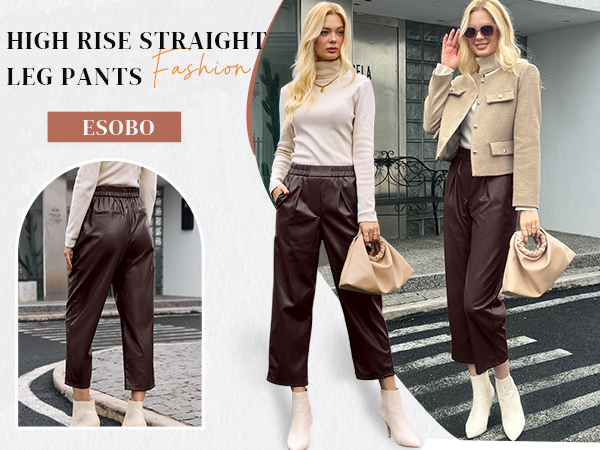 FAUX LEATHER HIGH RISE STRAIGHT LEG PANTS