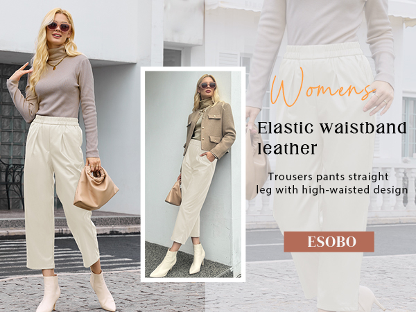 Elastic waistband leather trousers pants straight leg with high-waisted design