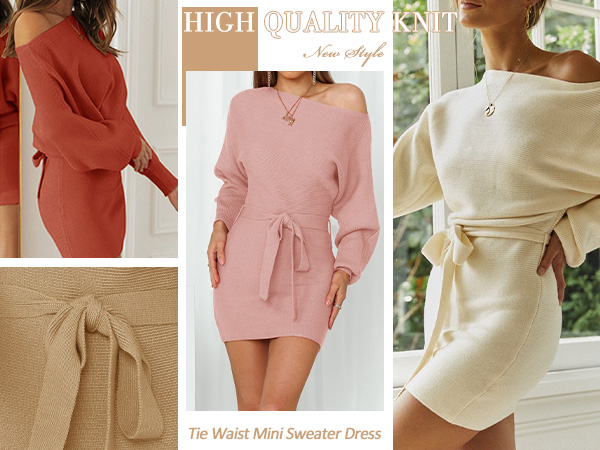  Tie Waist Knit Sweater Dress