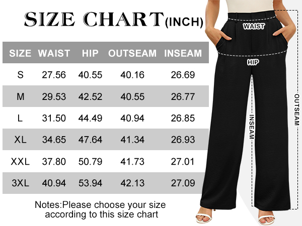 Size Chart for Angerella Womens Casual Pants with Pockets