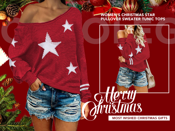 Women''s Christmas Star Pullover Sweater Tunic Tops