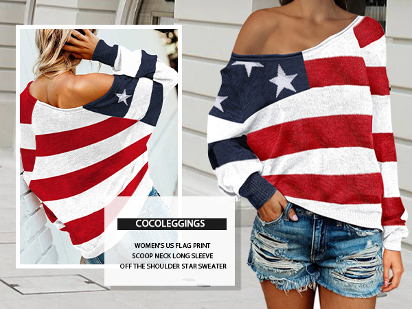 Women''s US Flag Print Scoop Neck Long Sleeve Off The Shoulder Star Sweater