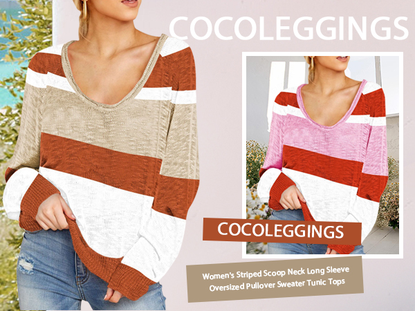 COCOLEGGINGS Women''s Striped Scoop Neck Long Sleeve Oversized Pullover Sweater Tunic Tops