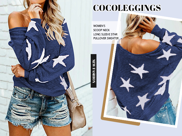 COCOLEGGINGS Women''s Scoop Neck Long Sleeve Star Pullover Sweater