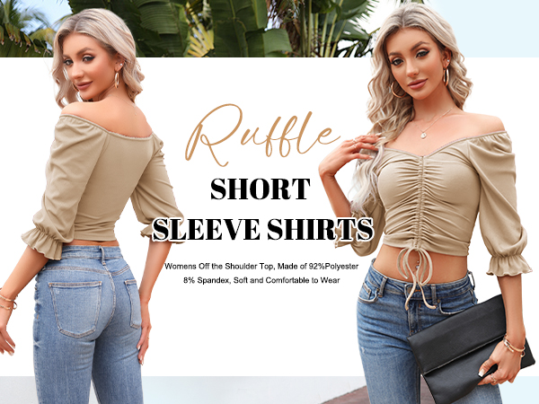 Ruffle Short Sleeve V Neck T Shirts