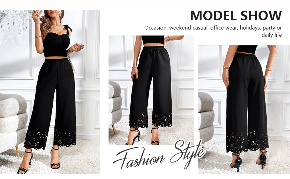 wide leg pants for women Elastic Waist Wide Leg Pants Cut Out Scallop Leg Pants