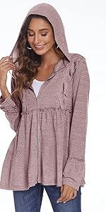 Pink Pleated Tiered Ruffle Hooded Sweatshirts Cardigan