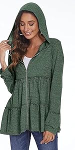 Dark Army Green Pleated Tiered Ruffle Hooded Sweatshirts Cardigans