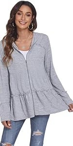 Grey curvy Women Spring Ruffle Hooded Sweatshirts Jacket Cardigans 