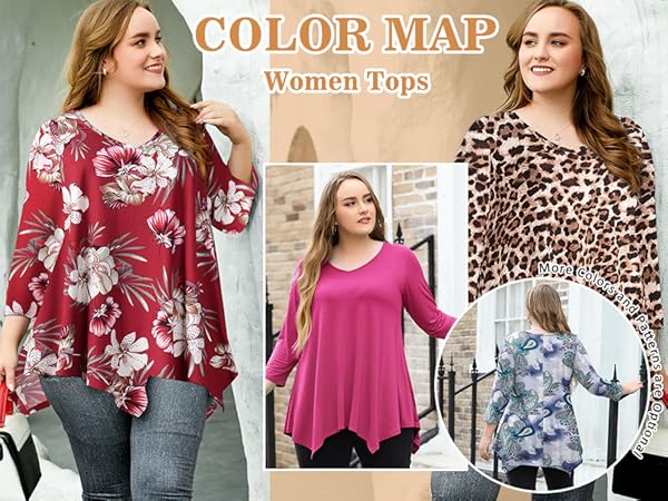 Womens 3/4 Sleeve V Neck Swing Flattering Tunic Tops leopard print plus size casual tops