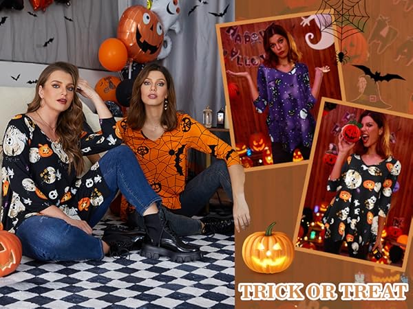 3/4 Sleeve Plus Size Tops Halloween Shirts For Womens Pumpkin Tunic Costumes Loose Clothes