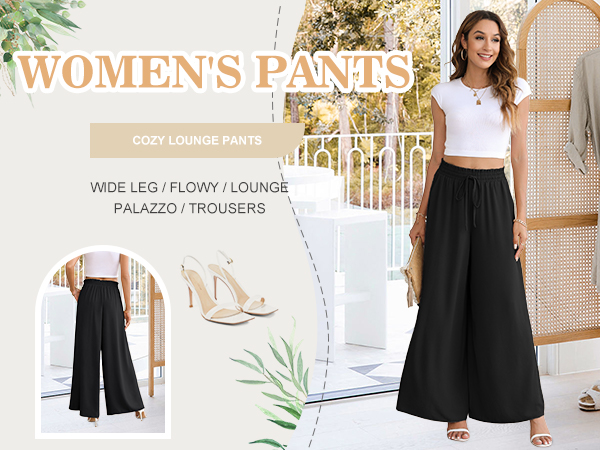 wide leg pants for women pockets elastic waist loose flowy pants fall,palazzo pants women work