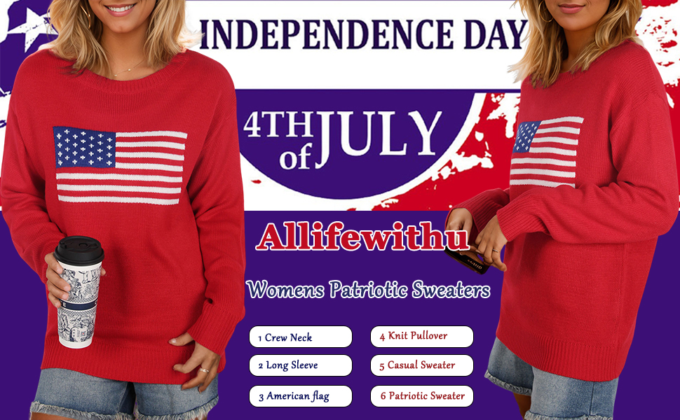 Allifewithu American flag Sweaters for Women Crew Neck Pullover Casual Patriotic Sweater