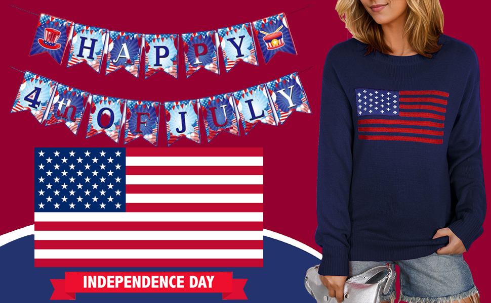 Allifewithu Womens Long Sleeve Casual Sweaters Casual Crew Neck Sweater American flag Knit Pullover