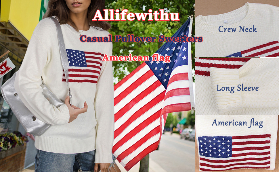 Allifewithu 4th of July American flag Sweaters for Women Lightweight Patriotic Casual Sweater