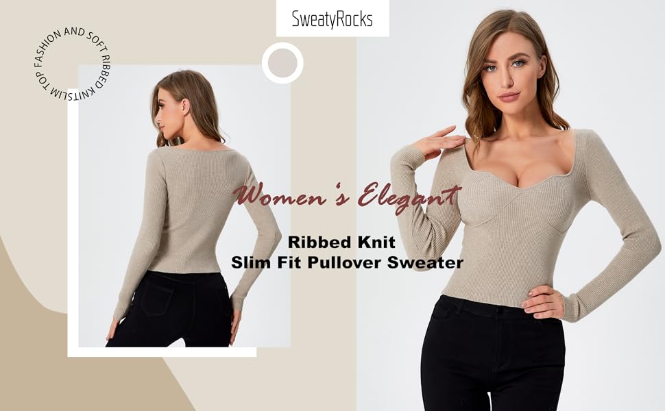 SweatyRocks Women''s Casual Long Sleeve Sweetheart Neck Ribbed Knit Top Slim Fit Pullover Sweater