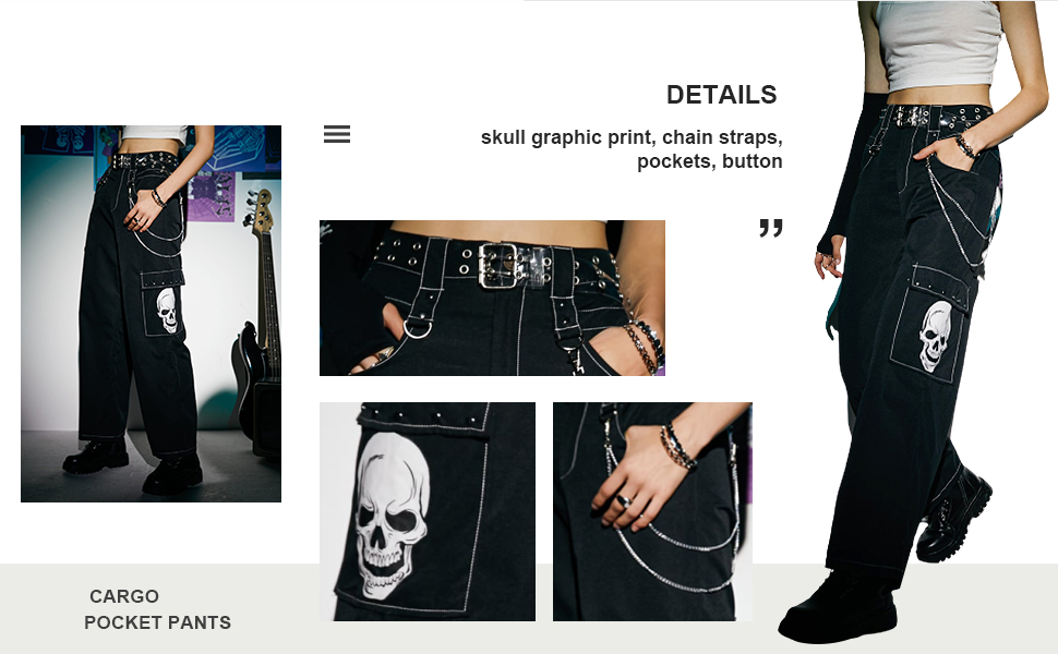 Skull Graphic Print Chain Straps Cargo Pants Pocket Pants