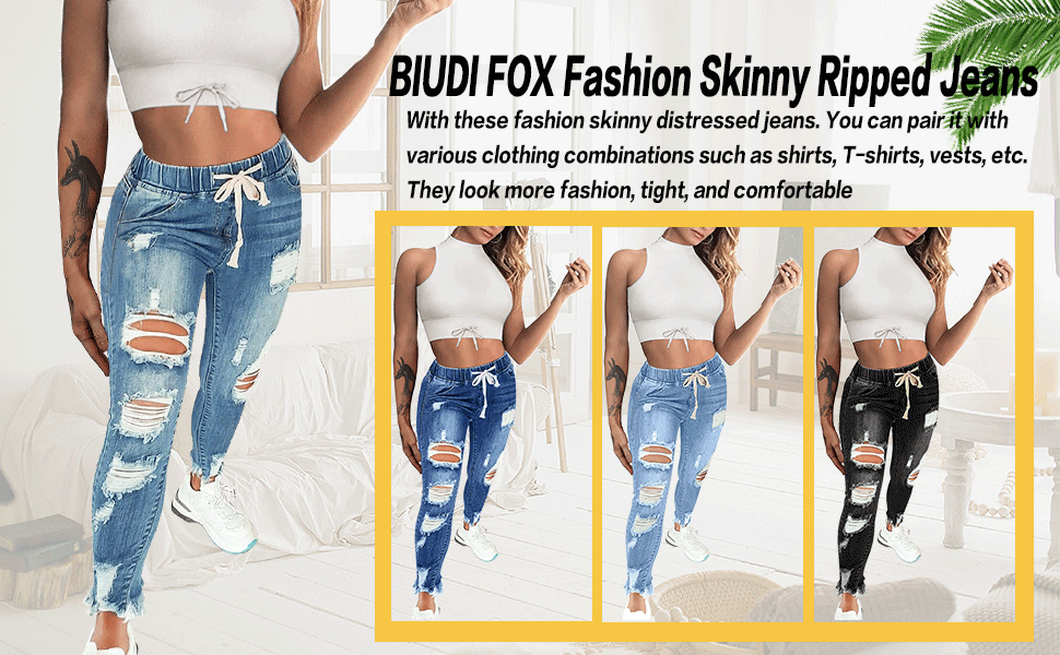 Women''s High Waist Skinny Stretch Ripped Jeans